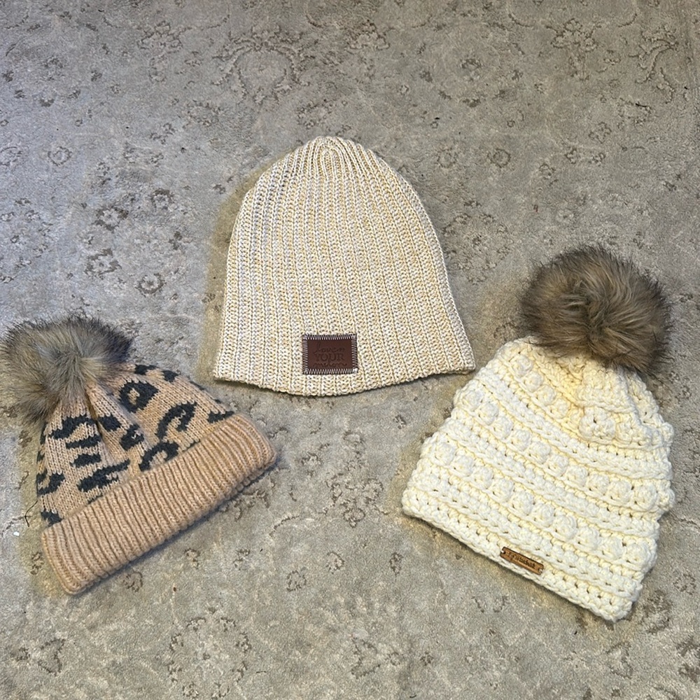 Three never work hats. Love your melon. Abercrombie and rycot.